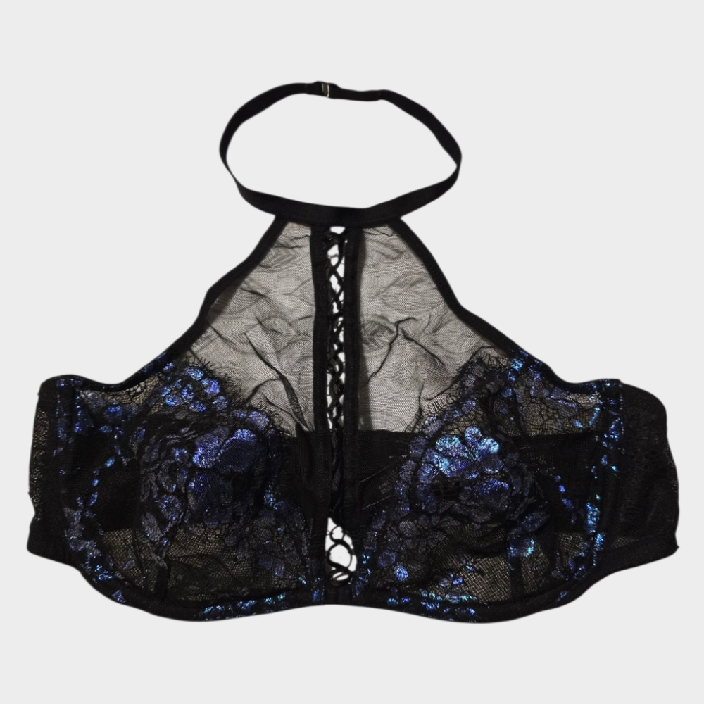 Victoria's Secret Very Sexy Bralette Large Black Underwire Metalic Lace Mesh